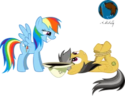 Size: 1514x1168 | Tagged: artist:kellyak, bondage, daringdash, daring do, derpibooru import, female, grin, hogtied, imminent rape, lesbian, obsession, rainbow dash, rapeface, shipping, smiling, suggestive, wingboner