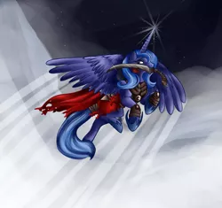 Size: 1558x1462 | Tagged: armor, artist:qwert5, derpibooru import, flying, mouth hold, ponibooru import, prince of persia, princess luna, safe, solo, stars, sword, warrior luna, warrior within, weapon