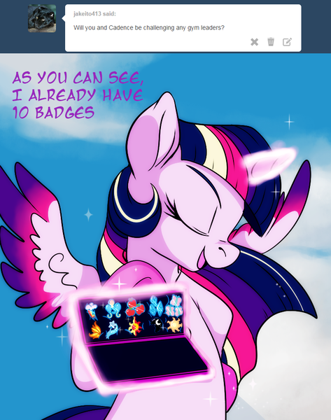 Size: 757x960 | Tagged: safe, artist:lustrous-dreams, derpibooru import, twilight sparkle, twilight sparkle (alicorn), alicorn, pony, ask filly twilight, badge, cutie mark, female, gary motherfucking oak, gary oak, mare, pokémon, rainbow power, solo, tumblr