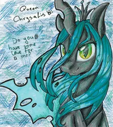 Size: 851x957 | Tagged: safe, artist:theorderofalisikus, derpibooru import, queen chrysalis, changeling, changeling queen, female, solo, traditional art