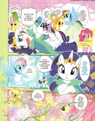 Size: 1280x1622 | Tagged: safe, artist:akira himekawa, derpibooru import, applejack, fluttershy, pinkie pie, rainbow dash, rarity, twilight sparkle, hoofy-kicks, mane six, manga, on back, pucchigumi, translation