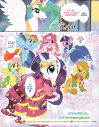 Size: 1280x1631 | Tagged: applejack, artist:akira himekawa, clothes, derpibooru import, dialogue, dress, fluttershy, gala dress, mane seven, mane six, manga, pinkie pie, plot, princess celestia, pucchigumi, rainbow dash, rarity, safe, spike, translation, twilight sparkle