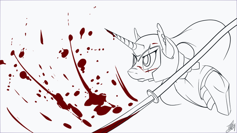 Size: 1280x720 | Tagged: safe, artist:tlatophat, derpibooru import, princess luna, lunadoodle, armor, badass, blood, minimalist, scar, solo, weapon