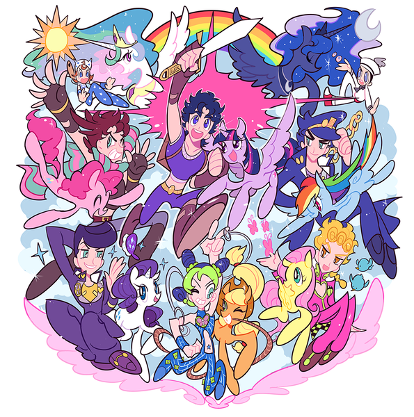 Size: 1000x1009 | Tagged: safe, artist:mikanne, derpibooru import, applejack, fluttershy, pinkie pie, princess celestia, princess luna, rainbow dash, rarity, twilight sparkle, twilight sparkle (alicorn), alicorn, pony, anime crossover, crossover, female, gappy, giorno giovana, giorno giovanna, jo2uke, johnny joestar, jojo's bizarre adventure, jolyne kujo, jonathan joestar, josefumi kujo, joseph joestar, josuke higashikata, josuke higashikata (jojolion), jotaro kujo, mane six, mare, panty and stocking with garterbelt, pixiv