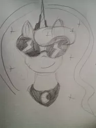 Size: 667x889 | Tagged: artist:breadcipher, derpibooru import, glasses, looking at you, lunadoodle, monochrome, pencil drawing, photo, portrait, princess luna, safe, sketch, smiling, solo, sunglasses, traditional art