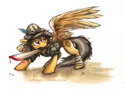 Size: 728x516 | Tagged: action pose, artist:kenket, bandage, blood, broken wing, clothes, daring do, derpibooru import, feather, hat, hoof wraps, large wings, machete, mouth hold, semi-grimdark, simple background, solo, weapon, white background