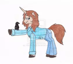 Size: 800x705 | Tagged: apocalypse, artist:13foxywolf666, clothes, crow, derpibooru import, jacket, jeans, ponified, randall flagg, safe, stephen king, the dark tower, the stand, traditional art, watermark