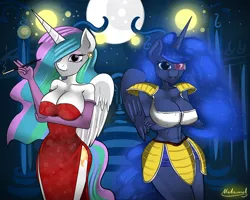 Size: 2500x2000 | Tagged: abs, anthro, artist:malamol, big breasts, breasts, busty princess celestia, busty princess luna, cigarette, cigarette holder, cleavage, clothes, costume, crossover, derpibooru import, dragon ball z, dress, female, jessica rabbit, jessica rabbit dress, midriff, muscles, nightmare night, princess celestia, princess luna, princess muscle moona, saiyan, saiyan armor, scouter, side slit, smoking, suggestive, vegeta, who framed roger rabbit