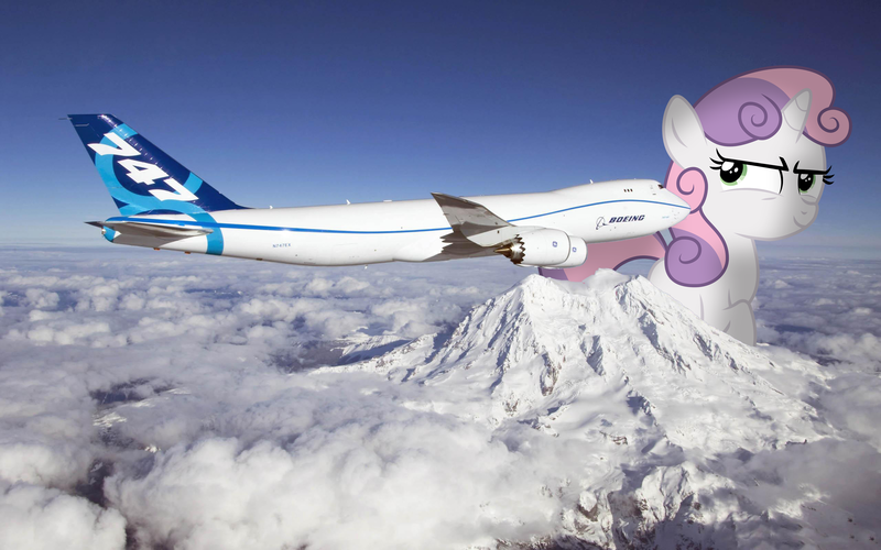 Size: 2560x1600 | Tagged: safe, artist:somerandomminion, artist:yetioner, derpibooru import, sweetie belle, pony, boeing 747, evil grin, giant pony, giantess, highrise ponies, irl, jumbo jet, macro, mega sweetie belle, mount everest, mountain, photo, photoshop, plane, ponies in real life, solo