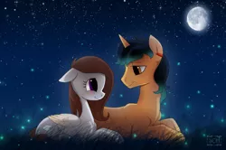 Size: 900x597 | Tagged: safe, artist:scheadar, derpibooru import, oc, unofficial characters only, pegasus, pony, unicorn, blushing, female, grass, looking at each other, male, moon, prone, shipping, starry night, stars, straight