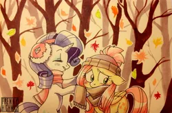 Size: 1280x847 | Tagged: safe, artist:frenky-chan, derpibooru import, fluttershy, rarity, autumn, clothes, earmuffs, hat, scarf