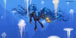 Size: 1280x640 | Tagged: safe, artist:nyatuxi, derpibooru import, princess luna, alicorn, fish, jellyfish, pony, blue background, blue eyes, blue mane, blue tail, bubble, crepuscular rays, crown, cute, digital art, ethereal mane, ethereal tail, eye clipping through hair, feather, female, flowing mane, flowing tail, folded wings, glow, happy, holding breath, hoof shoes, horn, image, jewelry, long horn, looking at each other, looking at someone, mare, ocean, peytral, png, puffy cheeks, regalia, seaweed, signature, simple background, smiling, solo, sunlight, swimming, tail, underwater, water, wings