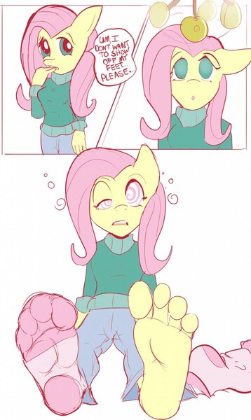 Size: 763x1280 | Tagged: anthro, artist:zuneycat, clothes, comic, derpibooru import, dialogue, feet, fluttershy, foot fetish, foot focus, hypnosis, missing shoes, pegasus, pendulum, pendulum swing, plantigrade anthro, socks, soles, speech, suggestive, sweater, sweatershy, swirly eyes