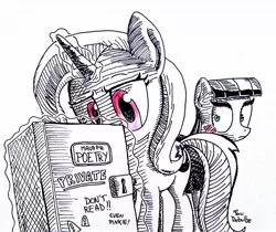 Size: 1280x1075 | Tagged: safe, artist:foudubulbe, derpibooru import, maud pie, trixie, pony, unicorn, comic:damp rocks, diary, female, lesbian, mare, mauxie, monochrome, neo noir, partial color, poetry, shipping, traditional art