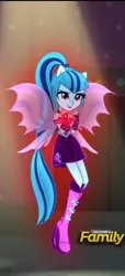 Size: 494x1080 | Tagged: safe, derpibooru import, screencap, sonata dusk, equestria girls, rainbow rocks, cute, discovery family, discovery family logo, fin wings, floating, glow, ponied up, solo, sonatabetes