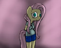Size: 1110x873 | Tagged: artist needed, source needed, safe, derpibooru import, fluttershy, anthro, cute, short pants, shy