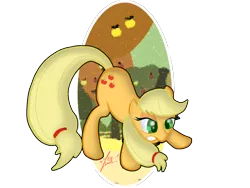 Size: 960x720 | Tagged: applejack, apple orchard, artist:zenit007, crouching, derpibooru import, glare, gritted teeth, hatless, missing accessory, safe, solo