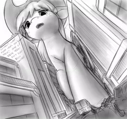 Size: 1035x972 | Tagged: safe, artist:alloyrabbit, derpibooru import, applejack, pony, building, bus, car, city, destruction, giant pony, macro, monochrome, solo