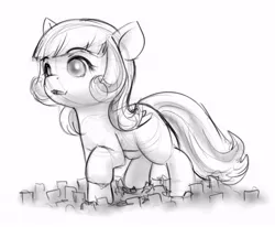 Size: 639x527 | Tagged: safe, artist:alloyrabbit, derpibooru import, oc, oc:snowdrop, unofficial characters only, pegasus, pony, city, cityscape, destruction, giant pony, macro, monochrome, open mouth, sketch, solo