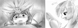 Size: 2265x818 | Tagged: artist:alloyrabbit, daring do, derpibooru import, drool, headdress, human, imminent vore, macro, mayan, monochrome, oc, oc:sequoia, rainbow dash, reading, sacrifice, safe, temple, torch