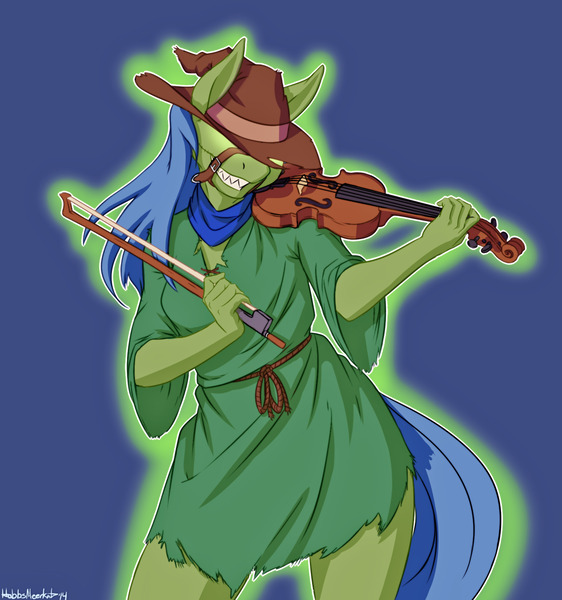 Size: 1568x1673 | Tagged: anthro, apple family member, artist:hobbsmeerkat, breasts, bridle, derpibooru import, fiddle, fiddlesticks, grin, scar, semi-grimdark, violin