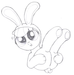 Size: 1965x2016 | Tagged: apple bloom, artist:an-tonio, bunny bloom, bunny costume, clothes, derpibooru import, monochrome, solo, suggestive, traditional art