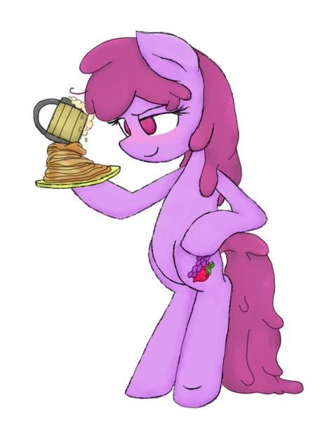 Size: 520x680 | Tagged: safe, artist:twithehedgehog, derpibooru import, berry punch, berryshine, pony, alcohol, beer, bipedal, cute, drunk, pancakes, pun, simple background, smiling, solo, standing