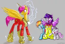 Size: 1191x794 | Tagged: safe, artist:neroscottkennedy, derpibooru import, apple bloom, rainbow dash, scootaloo, sweetie belle, twilight sparkle, twilight sparkle (alicorn), alicorn, earth pony, pegasus, pony, unicorn, alicornified, crossover, cutie mark crusaders, dc comics, female, filly, implied transformation, mare, race swap, scootacorn, shazam, this will end in tears and/or death and/or covered in tree sap