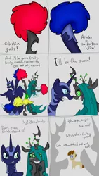 Size: 1152x2048 | Tagged: safe, artist:briarspark, derpibooru import, nightmare moon, queen chrysalis, oc, alicorn, changeling, earth pony, pony, cheerleader, cheerleader chrysalis, dilemma, pixiv, self insert