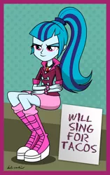 Size: 1024x1627 | Tagged: safe, artist:marelynmanson, derpibooru import, sonata dusk, equestria girls, rainbow rocks, pony coloring, sign, sitting, solo, sonataco, that girl sure loves tacos, will x for y
