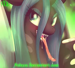 Size: 1728x1566 | Tagged: safe, artist:pshyzomancer, derpibooru import, queen chrysalis, bedroom eyes, drool, long tongue, looking at you, open mouth, pregnancy announcement, pregnancy test, sharp teeth, smiling, solo, tongue out