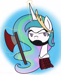 Size: 807x989 | Tagged: safe, artist:cuttycommando, derpibooru import, princess celestia, axe, beard, lumberjack, magic, rule 63, solo