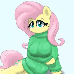 Size: 750x750 | Tagged: anthro, artist:snownown, breasts, busty fluttershy, clothes, derpibooru import, female, fluttershy, pixiv, solo, suggestive, sweater puppies, sweatershy