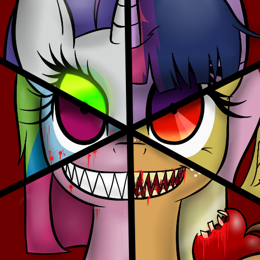 Size: 512x512 | Tagged: applejack, artist:suenden-hund, blood, derpibooru import, fluttershy, grimdark, mane six, pinkie pie, rainbow dash, rarity, sharp teeth, teeth, twilight sparkle