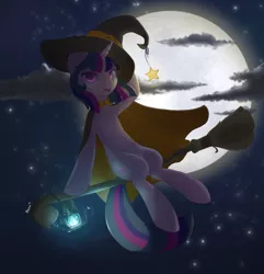 Size: 2560x2656 | Tagged: safe, artist:pezzhippo, derpibooru import, twilight sparkle, unicorn, broom, cape, clothes, cloud, cloudy, featured image, flying, flying broomstick, full moon, halloween, hat, image, looking at you, moon, night, night sky, open mouth, png, sitting, solo, stars, unicorn twilight, witch, witch hat