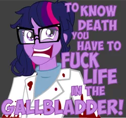 Size: 876x820 | Tagged: grimdark, artist:steampoweredstallion, derpibooru import, sci-twi, twilight sparkle, equestria girls, rainbow rocks, flesh for frankenstein, glasses, insanity, looking at you, open mouth, quote, smiling, vulgar