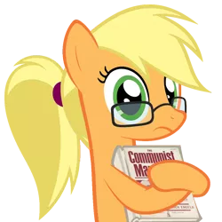 Size: 976x975 | Tagged: safe, artist:muddyfudger, artist:zacatron94, derpibooru import, edit, applejack, earth pony, pony, adorkable, alternate hairstyle, book, communism, communist manifesto, cute, dork, egghead, female, frown, glasses, hatless, hug, karl marx, looking at you, mare, meme, missing accessory, nerd pony, parody, ponytail, simple background, solo, transparent background, vector