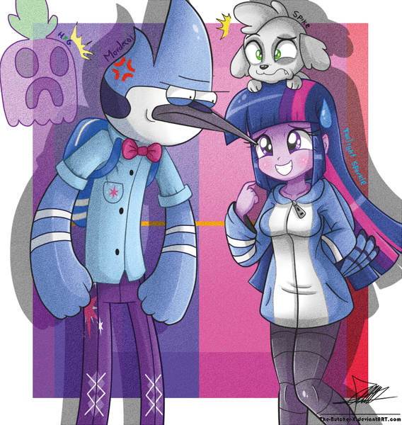 Size: 834x881 | Tagged: safe, artist:the-butch-x, derpibooru import, spike, twilight sparkle, dog, equestria girls, cross-popping veins, crossover, cutie mark on clothes, high five ghost, mordecai, regular show, spike the dog, sweatdrop