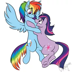 Size: 1000x1000 | Tagged: safe, artist:calicopikachu, derpibooru import, rainbow dash, twilight sparkle, female, flying, hug, lesbian, shipping, twidash, underhoof