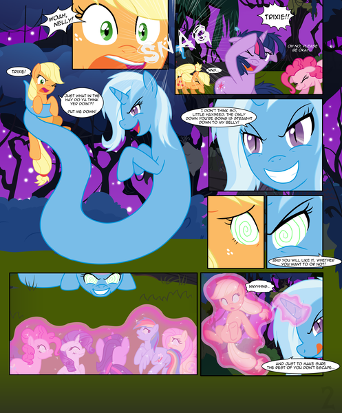 Size: 3900x4712 | Tagged: questionable, artist:kitti, derpibooru import, applejack, fluttershy, pinkie pie, rainbow dash, rarity, trixie, twilight sparkle, lamia, original species, pony, unicorn, coils, comic, female, hypnosis, imminent vore, mane six, mare, trixie lulamia