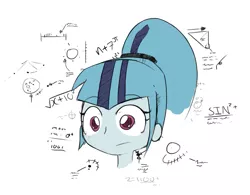 Size: 953x743 | Tagged: safe, artist:ponykai, derpibooru import, sonata dusk, equestria girls, bust, colored pupils, contemplating, female, formula, math lady meme, portrait, simple background, solo, stare, starenata, thousand yard stare, white background