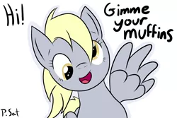 Size: 3000x2000 | Tagged: safe, artist:dappercat-uk, derpibooru import, derpy hooves, pegasus, pony, female, mare, muffin, open mouth, smiling, solo, spread wings, wing hands