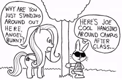 Size: 695x456 | Tagged: angel bunny, artist:samueleallen, charles m schulz, derpibooru import, fluttershy, joe cool, lineart, monochrome, peanuts, safe, style emulation, sunglasses