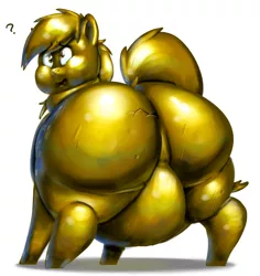 Size: 660x700 | Tagged: suggestive, artist:secretgoombaman12345, derpibooru import, derpy hooves, pegasus, pony, aderpose, belly, big belly, bubble butt, chubby, chubby cheeks, crack, fat, featureless crotch, female, gold, huge butt, large butt, mare, obese, plot, pun, question mark, solo, solo female, the ass was fat