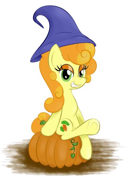 Size: 1131x1506 | Tagged: artist:hip-indeed, carrot top, derpibooru import, golden harvest, hat, pumpkin, safe, solo, underhoof