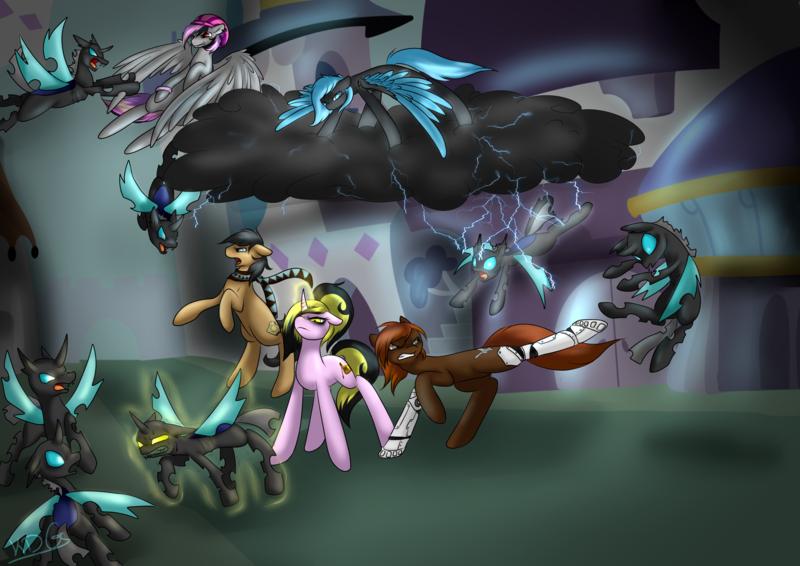 Size: 3507x2481 | Tagged: artist:mondlichtkatze, canterlot, changeling, derpibooru import, fight, kicking, lightning, oc, oc:blue nightsky, oc:marina honeybee, prosthetic limb, safe, unofficial characters only