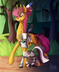 Size: 2308x2800 | Tagged: artist:thenornonthego, bird, derpibooru import, everfree forest, giraffe, height difference, oc, oc:dapples, safe, zebra, zecora