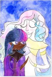 Size: 1486x2182 | Tagged: artist:grocerystorephobic, dark skin, derpibooru import, female, human, humanized, lesbian, princess celestia, safe, shipping, traditional art, twilestia, twilight sparkle, watercolor painting