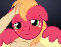 Size: 4304x3304 | Tagged: suggestive, artist:badumsquish, derpibooru import, big macintosh, oc, oc:anon, oc:generic messy hair anime anon, earth pony, human, pony, bare chest, bedroom eyes, blushing, cute, ear scratch, gay, human on pony snuggling, looking at you, male, male pov, offscreen character, on back, on top, petting, pov, snuggling, stallion