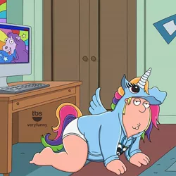 Size: 720x720 | Tagged: suggestive, derpibooru import, human, pony, unicorn, barely pony related, chris griffin, clothes, computer, drama, family guy, fursuit, hoodie, male, solo, tbs, underwear